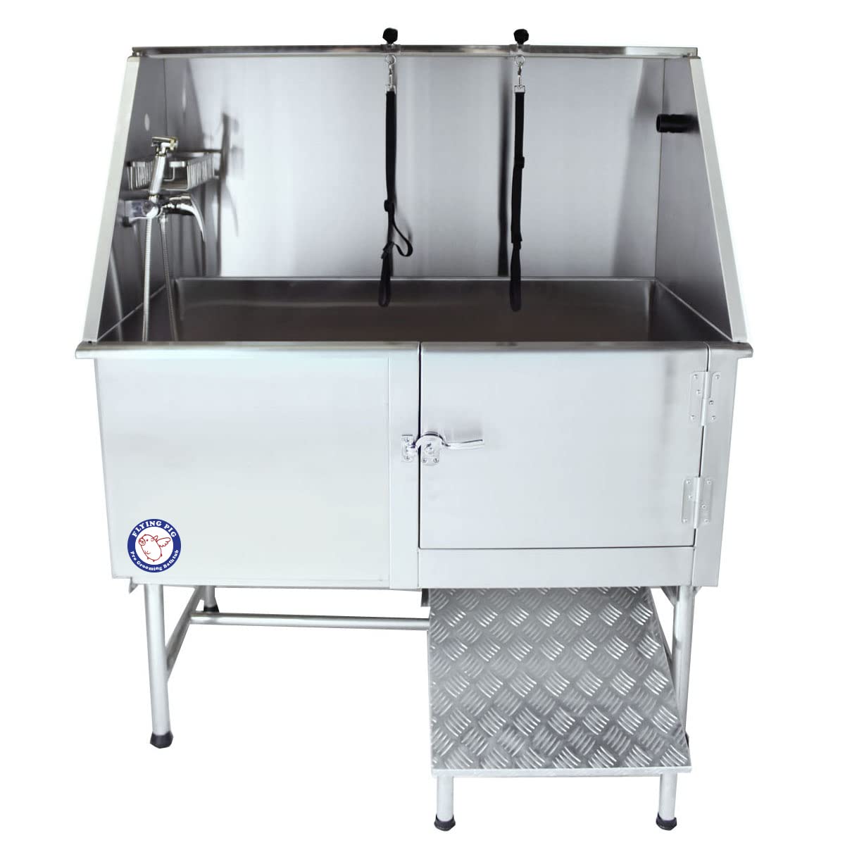 Flying Pig 50'' Stainless Steel Pet Dog Grooming Bath Tub With Walk-In Ramp & Accessories (Right Door/Left Drain)