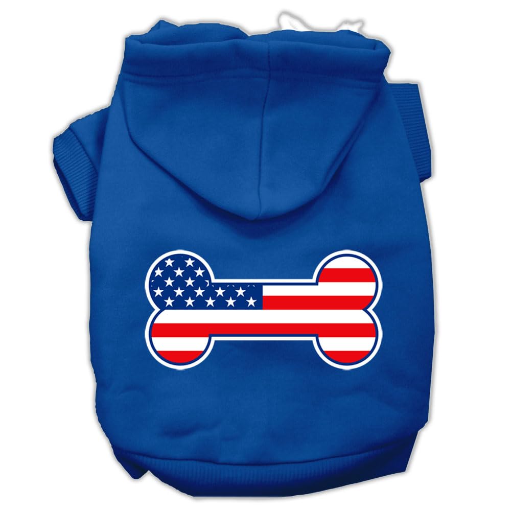 Pet Dog & Cat Hoodie Screen Printed, 'Bone Shaped American Flag' Blue Xs (0-3 Lbs.)