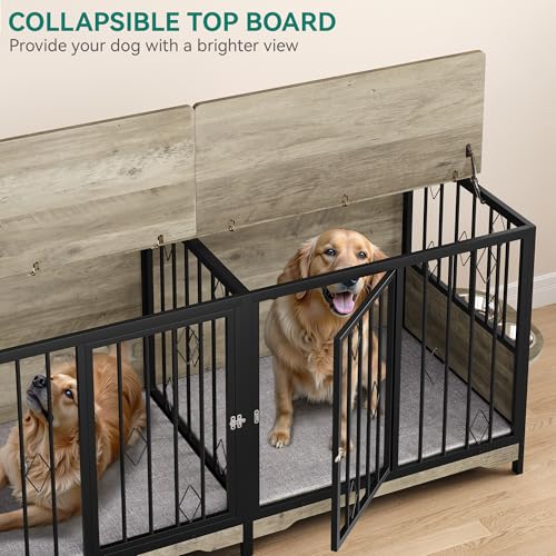 YITAHOME 71 Double Dog Crate Furniture with Divider, Wooden Large Dog Kennel with Flip-Top&4 Rotatable Bowls&2 Cushions, Dog Cra