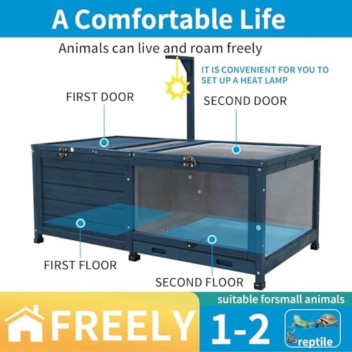 Wooden Tortoise Habitat, Extra Large Indoor Outdoor Reptile Cage With Tray, Tortoise House Snake Turtle Box Reptile Terrarium Bu