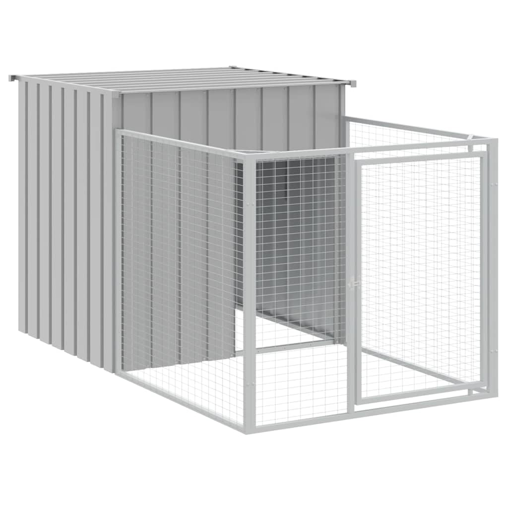vidaXL Light Gray Galvanized Steel Dog House with Run - Multi-use Outdoor Pet Kennel with Protection Roof and Convenient Access Doors