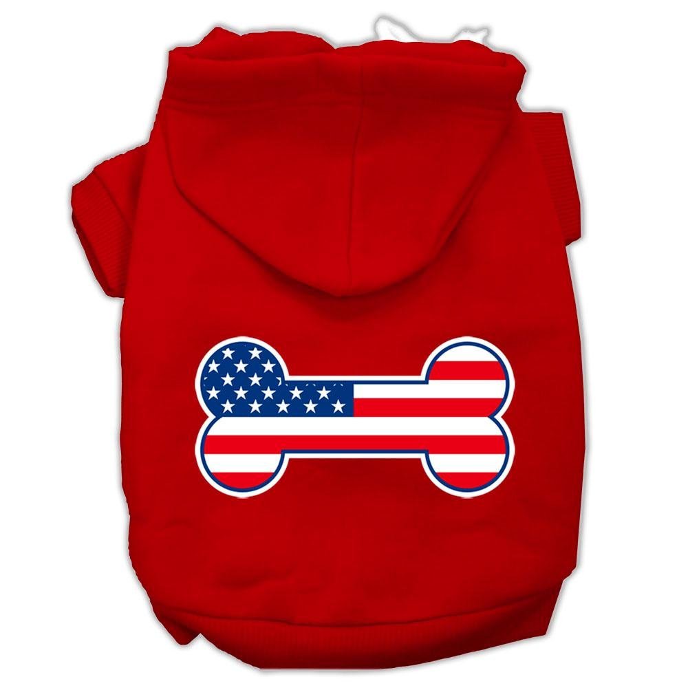 Pet Dog & Cat Hoodie Screen Printed, 'Bone Shaped American Flag' Red Xs (0-3 Lbs.)