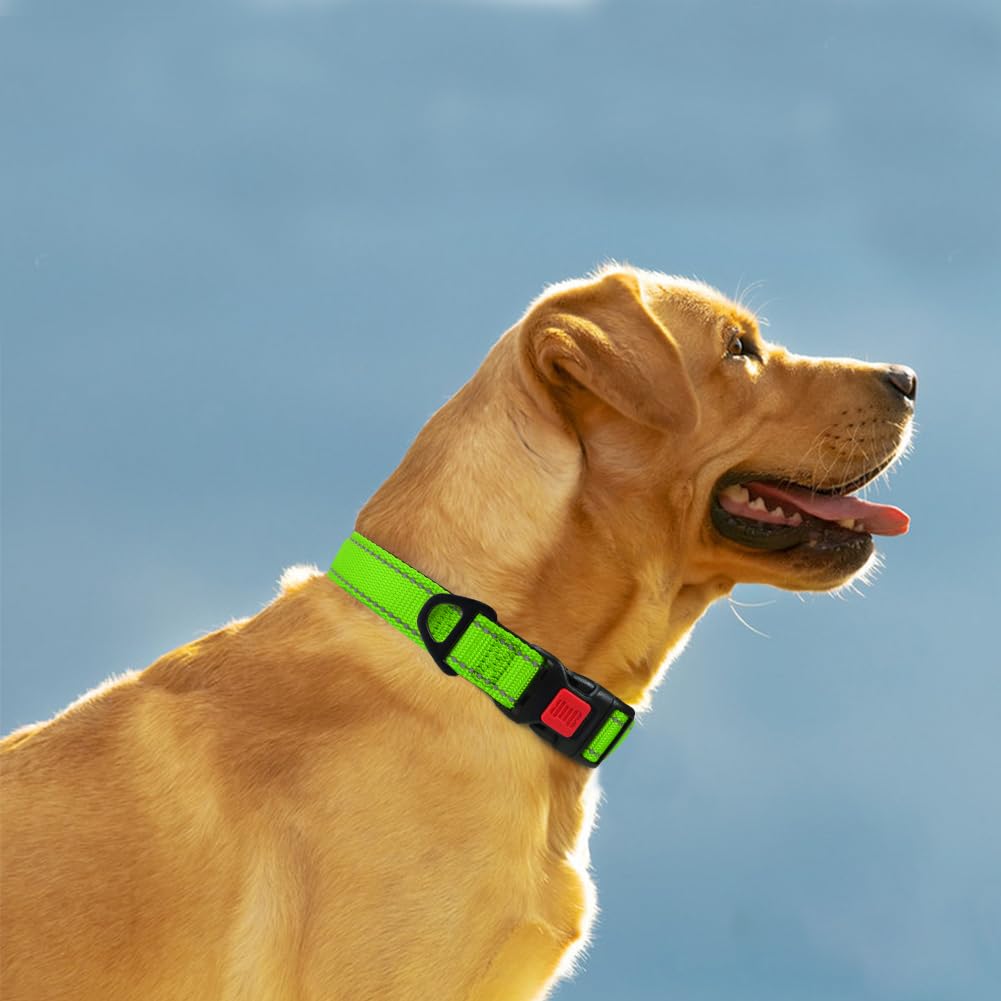 Taglory Reflective Dog Collar With Safety Locking Buckle, Adjustable Nylon Pet Collars For Large Dogs Female Male, Green, L