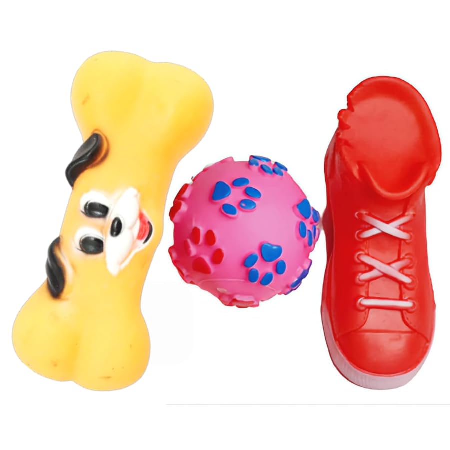 Kittupet Puppy Squeaky Toys Combo Of 3  Large Squeaky Ball Toy, Large Squeaky Shoes Toy Ii Large Size Squeaky Dog Face Toy (Mul