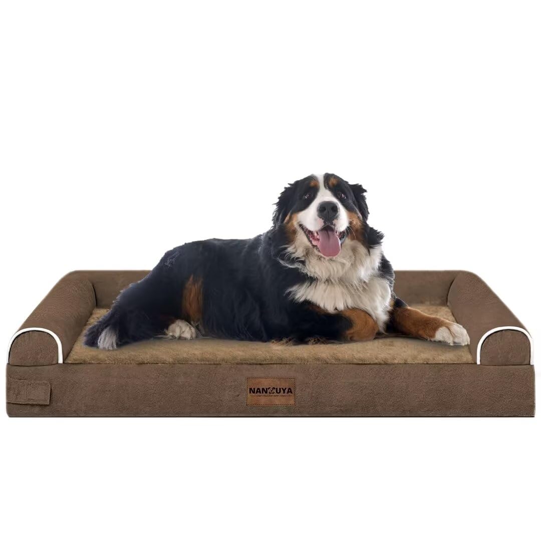 Large Dog Bed Orthopedic Washable: Jumbo Dog Bed Bolster Extra Large Dogs Egg Crate Foam Sofa Couch Waterproof Removable Cover - Brown