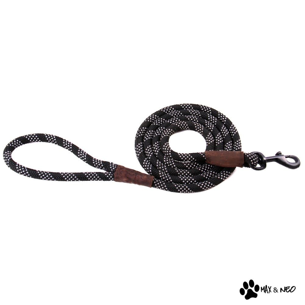 Max And Neo Rope Leash Reflective - 6 Ft X 1/2'' (Black, Donates To Dog Rescue)