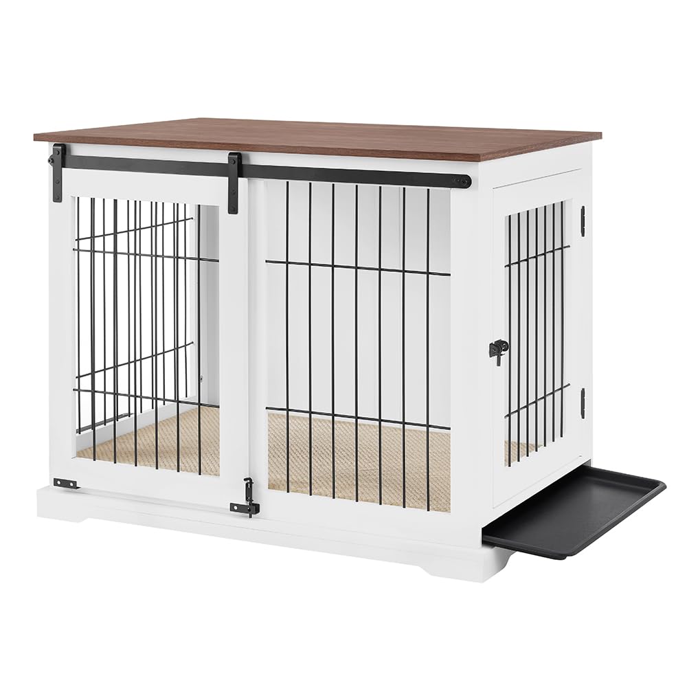 beeNbkks Dog Crate Furniture with Sliding Barn Door, Stylish Double Doors Wooden Kennel with Tray and Cushion, Decorative Indoor