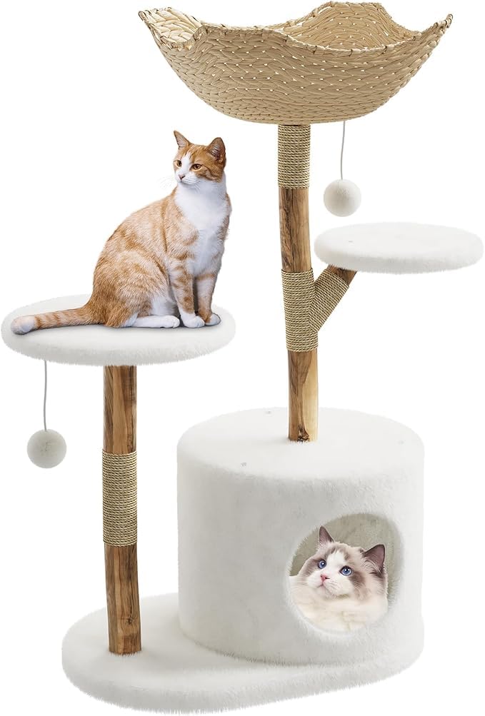Modern Wooden Cat Tree Tower for Indoor Cats - 46 Large Cat Condo with Scratching Posts, Jumping Platforms, Spacious Wicker Bask