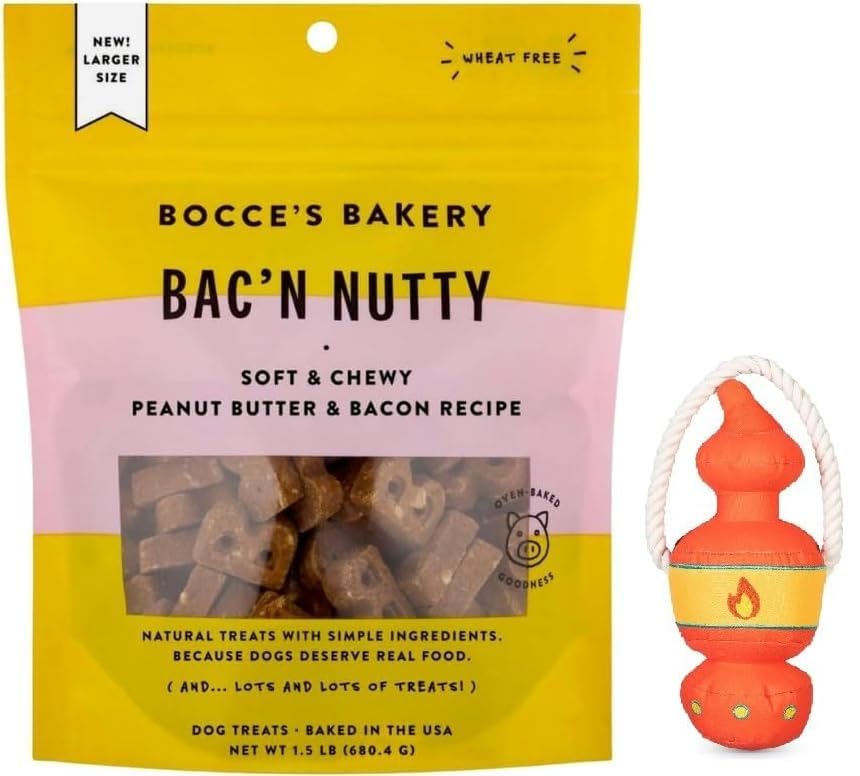 Boccces Bakery Bacn Nutty Dog Treats - Peanut Butter & Bacon 1.5 lb Plus A Lantern Tug Toy as Gift for Dog