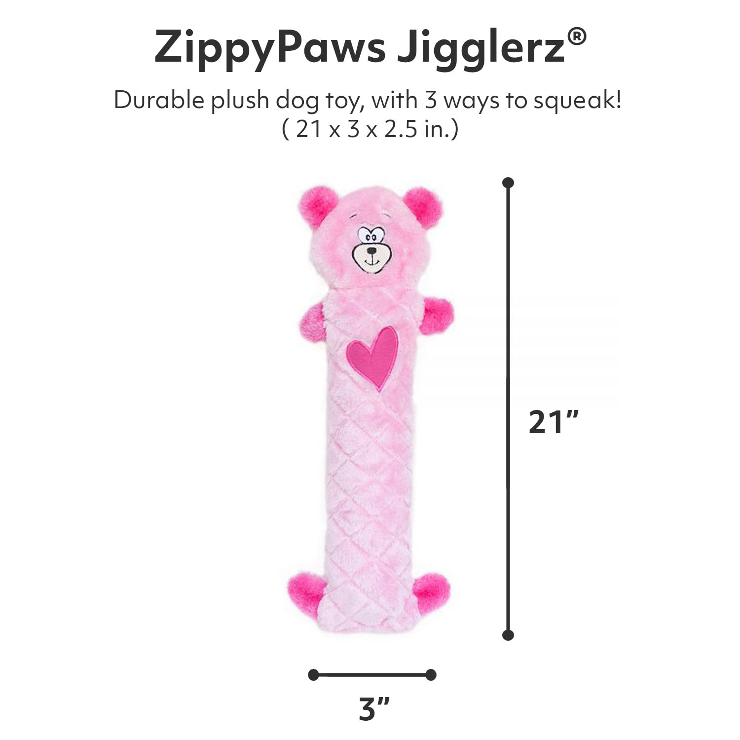 Zippypaws Jigglerz Plush Dog Toy With Squeaker, Stuffed Toy For Tough Play, Pink Bear