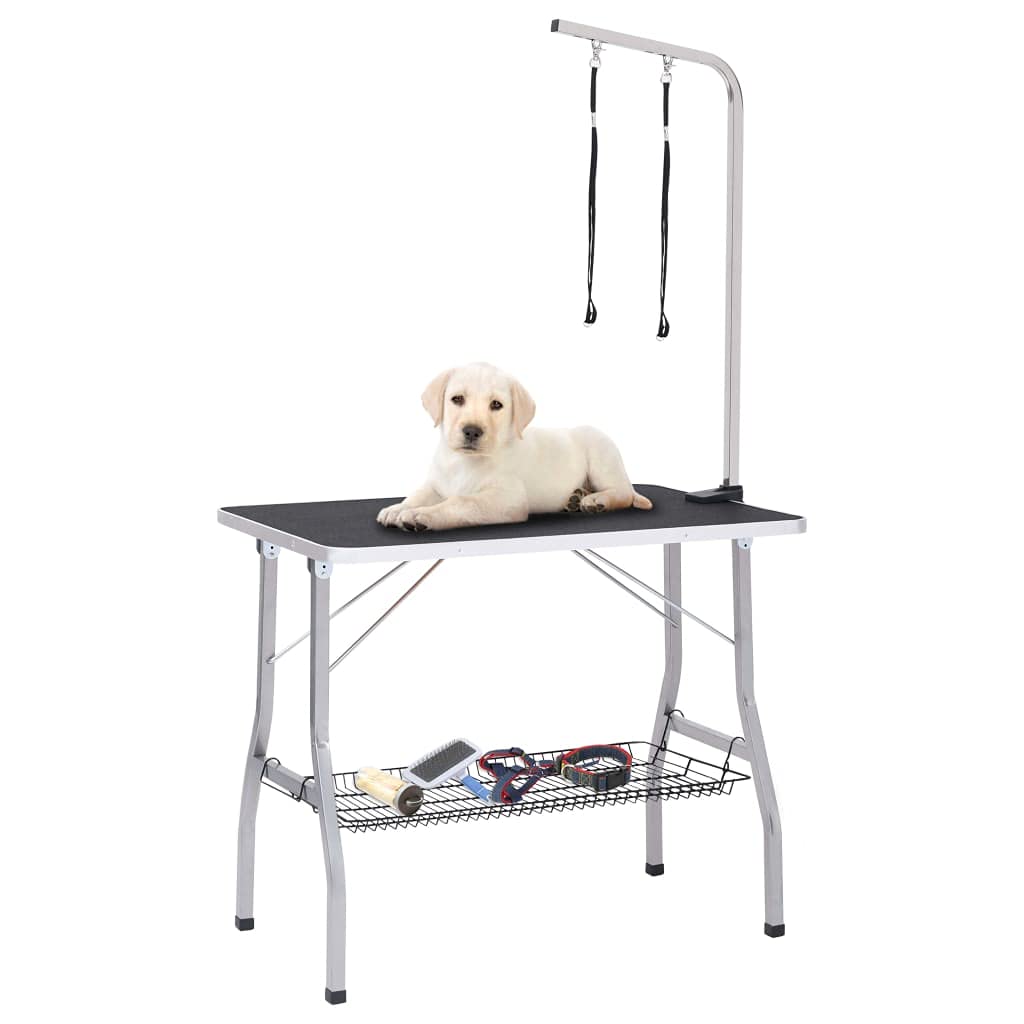 vidaXL Adjustable Dog Grooming Table with 2 Loops and Basket - Stainless Steel, Foldable, Height-Adjustable for Comfortable and Convenient Pet Grooming