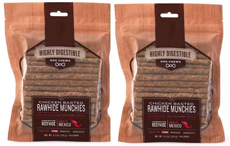 Highly Digestible Chicken Basted Beefhide Rawhide Munchies Chew Stick Dog Treats - Handcrafted, Slow Baked, Probiotics, Long Las