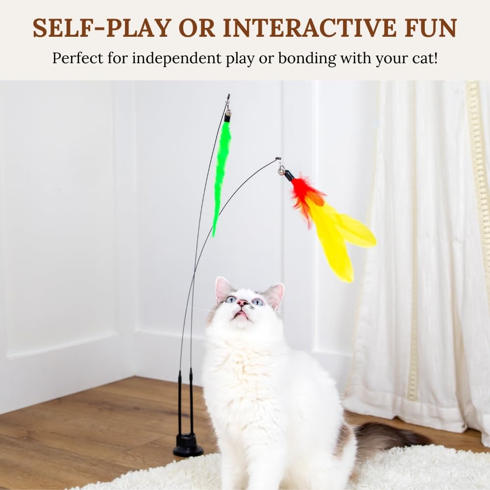 Suction Cup Cat Toys For Indoor Cats Feather Teaser Wand With Worms & Catnip Lizard Chew Toys Kittens Enrichment Toy For Bored C