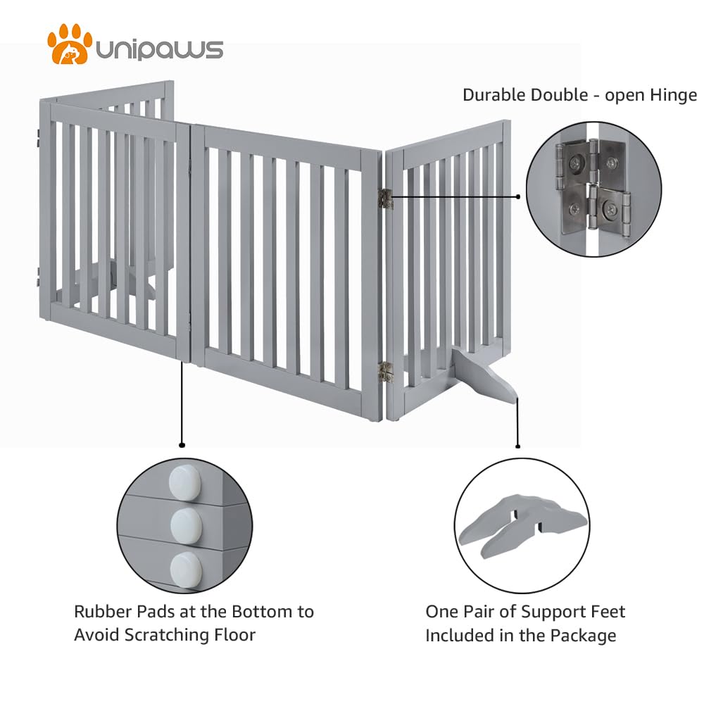 Unipaws 24' H Free Standing Pet Gate For Dog Cat, Wooden Dog Gates For Doorway, Stairs, Step Over Foldable Pet Fence For The House, Expandable Dog Barrier, Indoor Use, Grey
