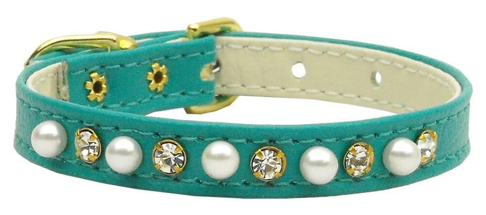 Dog, Puppy and Pet Collar, 3/8&quot; Wide Pearl & Clear Crystals Turquoise 8
