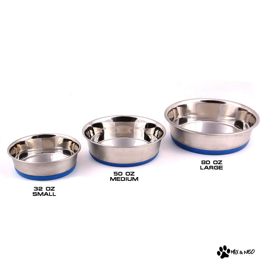 Max And Neo Heavyweight Non-Skid Rubber Bottom Stainless Steel Dog Bowl - We Donate A Bowl To A Dog Rescue For Every Bowl Sold (Large - 80Oz - 9.5' Diameter)