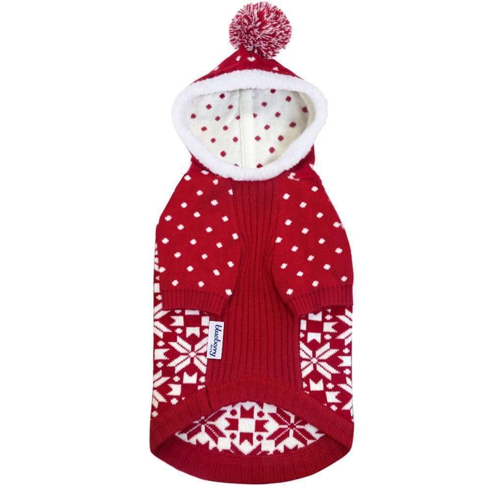 Blueberry Pet Let It Snow Classic Ugly Christmas Holiday Snowflake Pullover Hoodie Dog Sweater In Red And White, Back Length 20', Pack Of 1 Clothes For Dogs