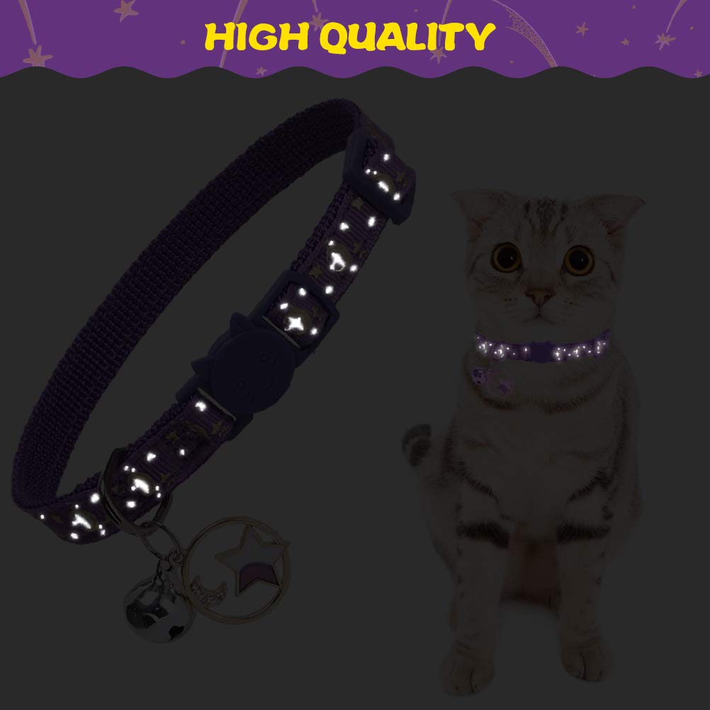 Pupteck 3 Pack Cat Collar With Bells Breakaway - Luminous Safety Small Kitten Collar Adjustable Moon Star Pink Black Purple, 8-1