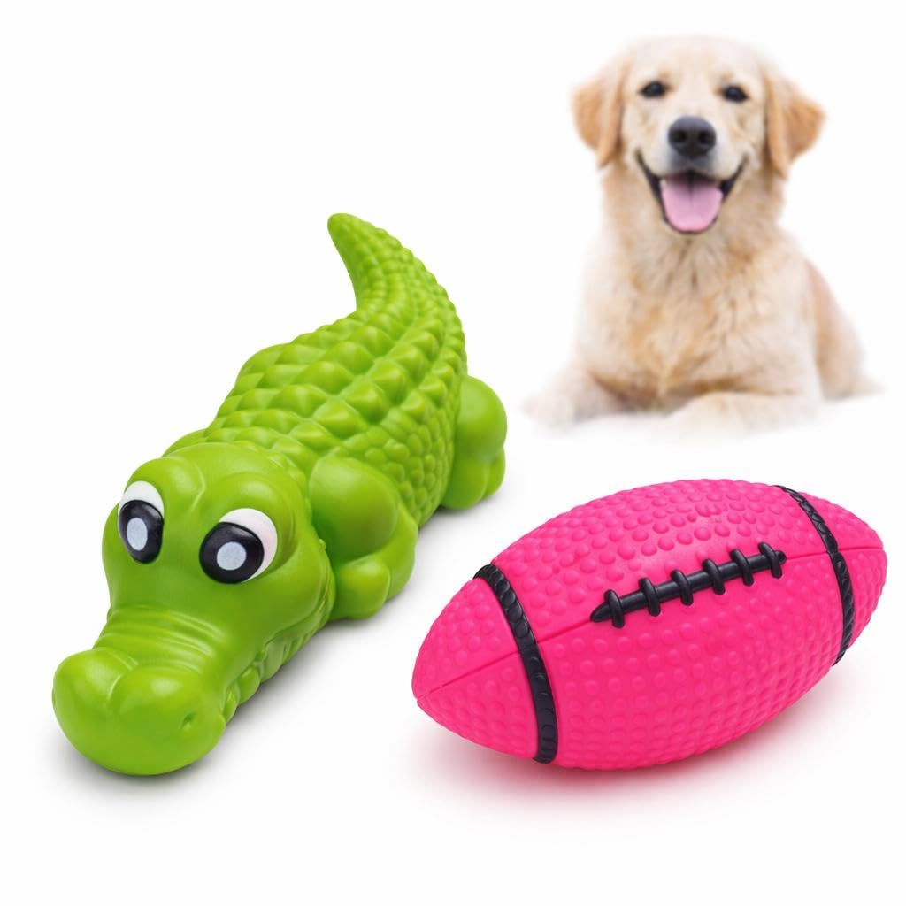 WAGGYTAILS Squeaky Premium Dog Toy Combo (Made in U.S.A) Crocodile & Rugby Ball Pink | Chew Toys for Dogs | Durable Rubber, Non