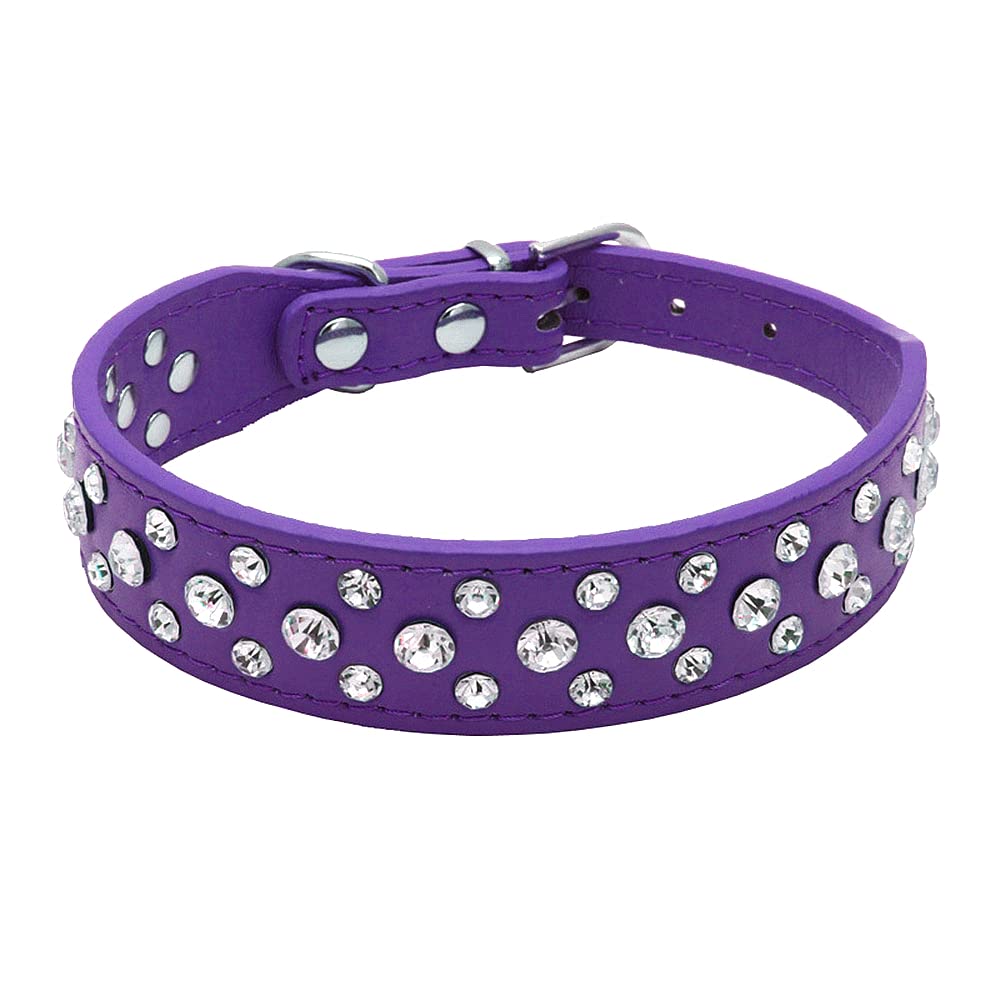 Haoyueer Bling Rhinestone Pu Leather Crystal Diamond Pet Dog Cat Puppy Collar Black S M L Xl (S, Purple)