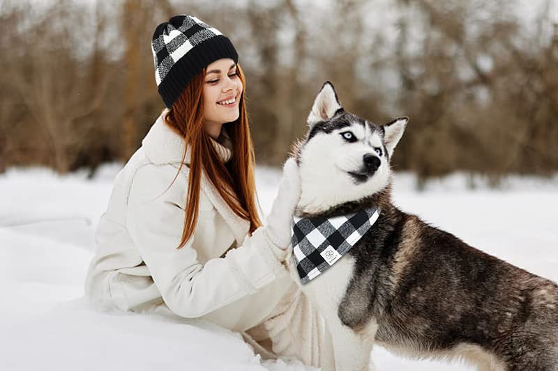 E-Clover Dog Bandanas Matching Owner Beanie Plaid Dog Bandana Bibs With Knit Hat For Medium Large Dogs Mom Dad Gifts White Black
