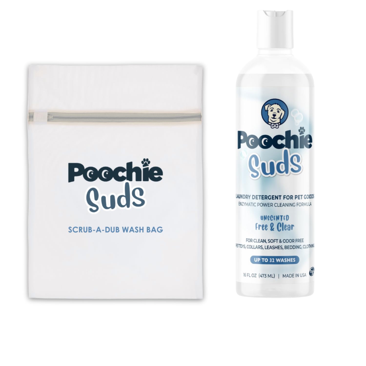 Poochie Suds Pet Laundry Bundle, 16oz Detergent & Mesh Wash Bag for Toys, Collars & Gear, Fragrance-Free Pet Safe Detergent for 