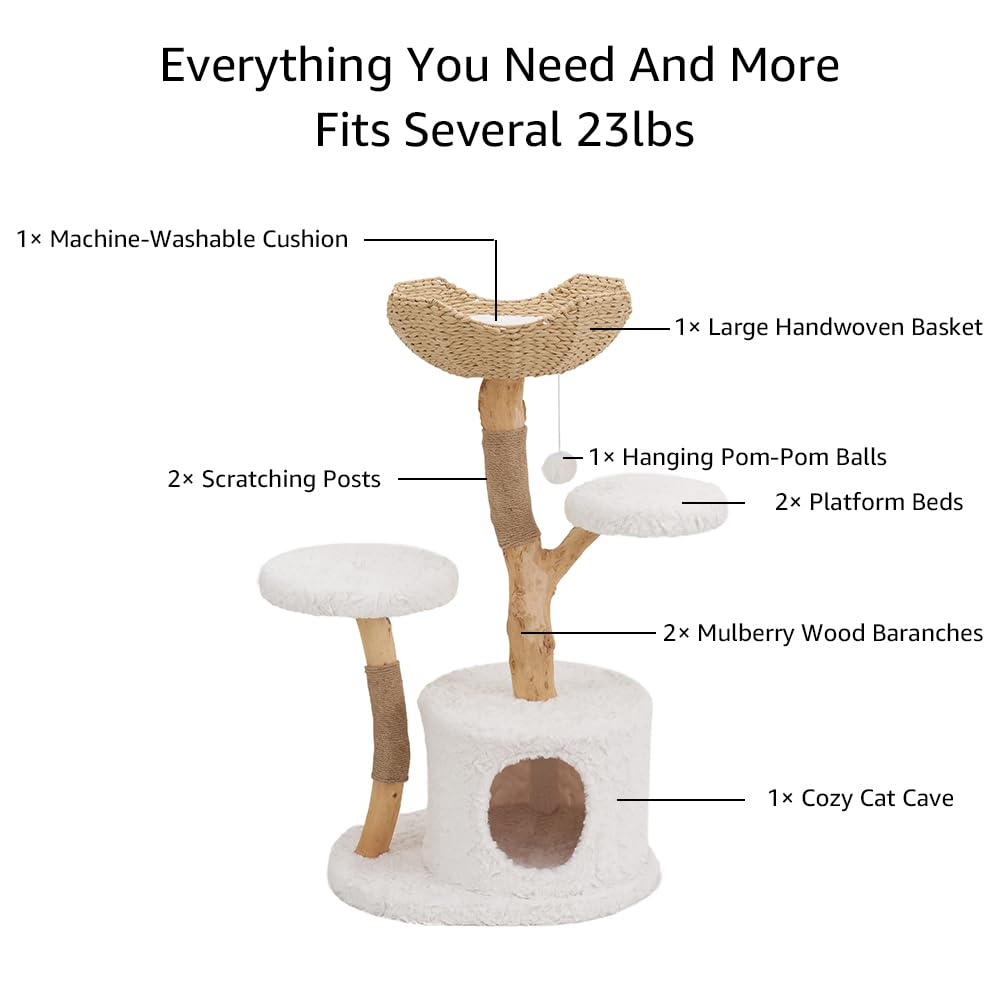 Unipaws Modern Cat Tree Tower For Small And Large Cats, Real Solid Wood Branch Luxury Cat Condo With Scratching Post And Cat Bed