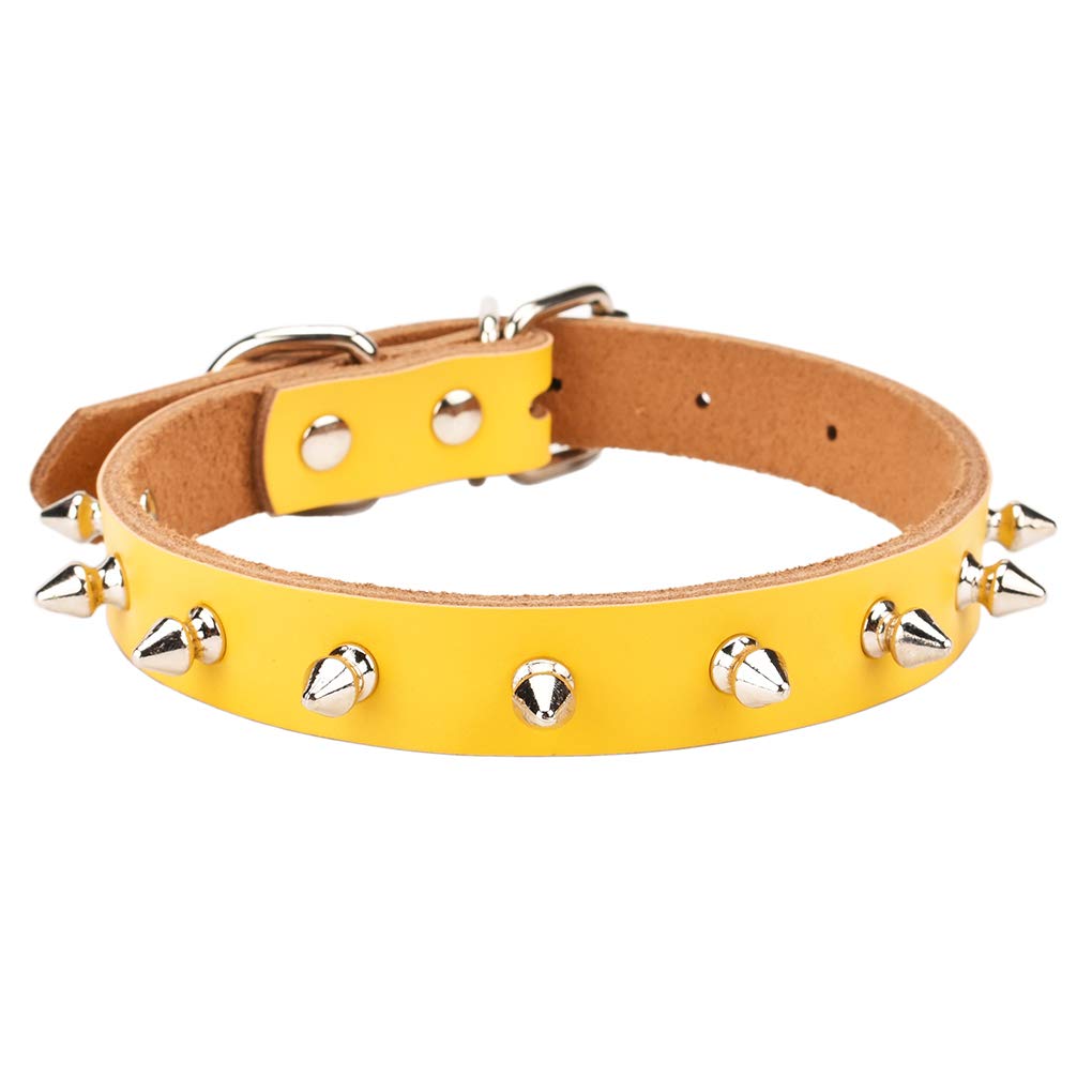 Aolove Basic Classic Adjustable Genuine Cow Leather Pet Collars For Cats Puppy Dogs (X-Large/Neck 14.2'-18.1', Yellow-Spiked Rivet)