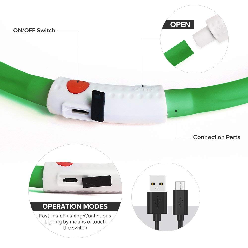 Bseen Light Up Dog Collars - Silicone Led Dog Collar, Cuttable Lighted Puppy Collar, Glowing Dog Walking Lights For Small Medium Large Collars (Green)