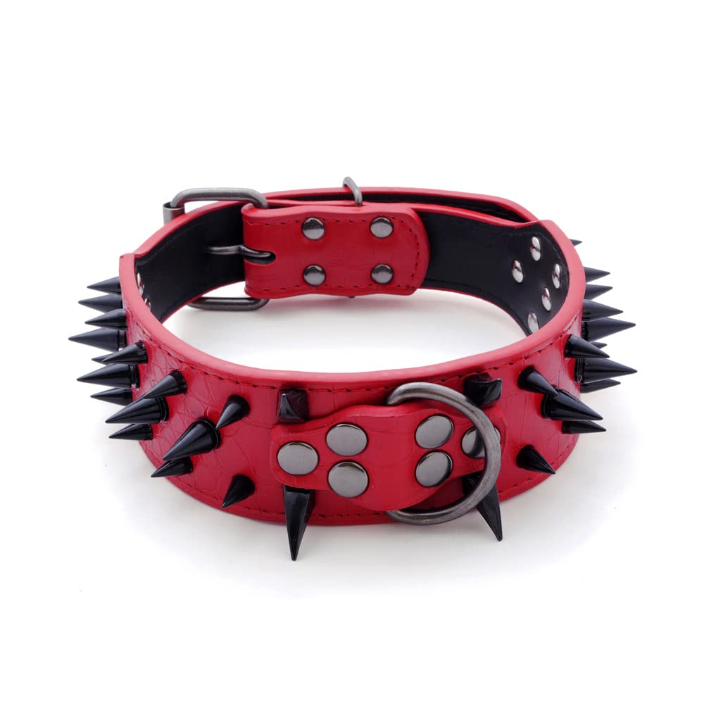 Pimaodog Sharp Spiked Studded Dog Collar 2 Inch Width Stylish Leather Dog Collars For Medium & Large Dogs Pitbull Labrador Boxer Rottweiler German Shepherd (Xl:21-24 Inch, Red-1)