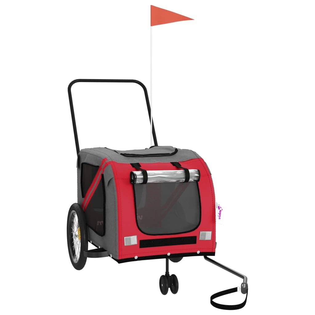 Vidaxl Pet Bike Trailer In Red And Gray - Durable Iron And Oxford Fabric Construction, Comfortable Pet Space, Convenient Design, Safe Travel, Multipurpose Use