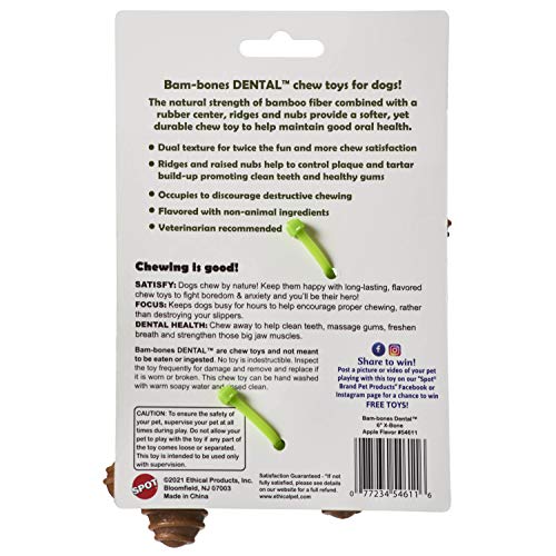 Spot Bam-Bones Dental X-Bone - Made With Bamboo Fiber And A Massaging Rubber Center To Keep Teeth Clean, Durable Oral Care Dog Chew For Light Chewers & Teething Puppies Under 25Lbs, 6In, Apple Flavor