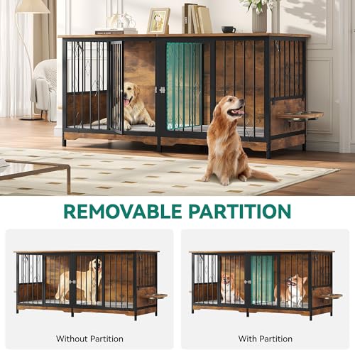 YITAHOME Large Wooden Dog Crate Furniture, 71" with Divider, Flip-Top, 4 Bowls, 2 Cushions, Brown, for Medium to Large Dogs
