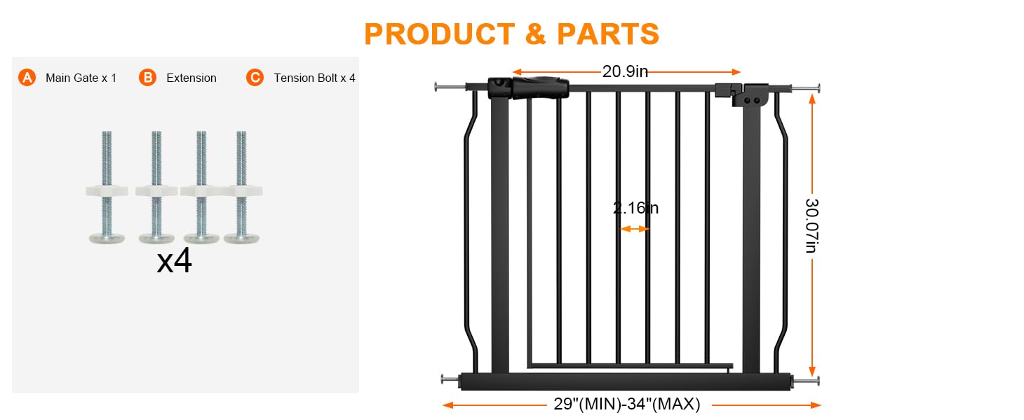 HOOOEN Narrow Baby Gates for Stairs Doorways Auto Close Tension Black Metal Child Pet Safety Gates with Pressure Mount 29-34 Inc