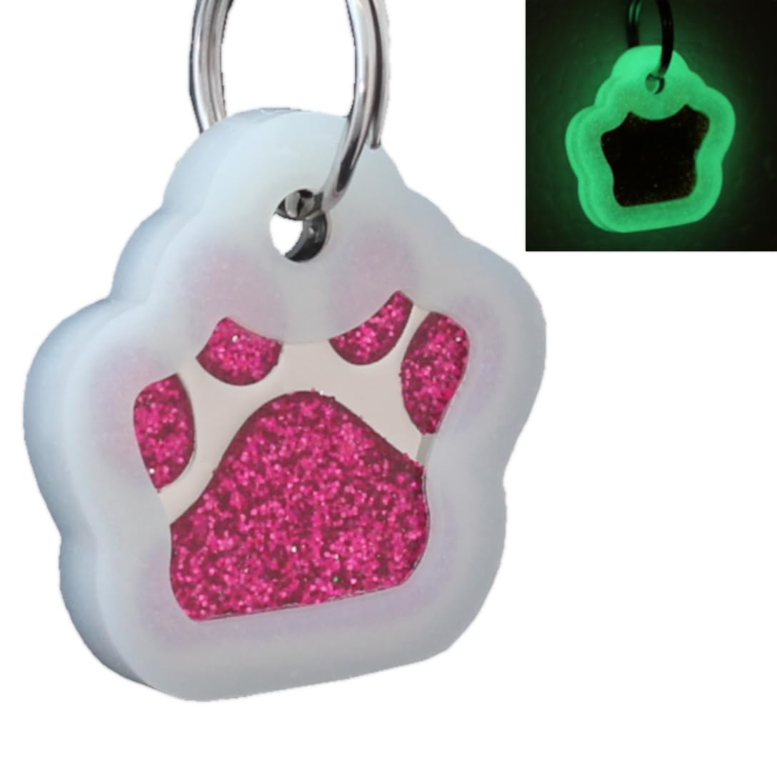 Io Tags Pet Id Tags, Personalized Dog Tags And Cat Tags, Custom Engraved, Easy To Read, Cute Glitter Paw Pet Tag (Pink + Silencer)