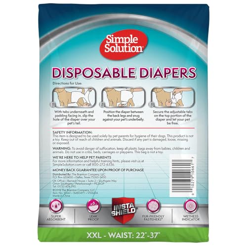 Simple Solution Disposable Dog Diapers For Female Dogs, True Fit, Absorbent Leak Proof With Wetness Indicator, Xxl Puppy & Doggie Period Pad & Pee Diaper, For Large Pets 22-37 Inch Waist, 12 Count