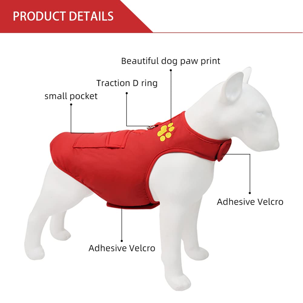 Doggiekit Dog Cold Weather Costs, Reversible Waterproof Warm Dogs Jacket Vest Winter Coat With Pocket And D-Ring, Windproof Pet Cotton Clothes For Smell Medium Large Dogs Cats (Medium, Red)