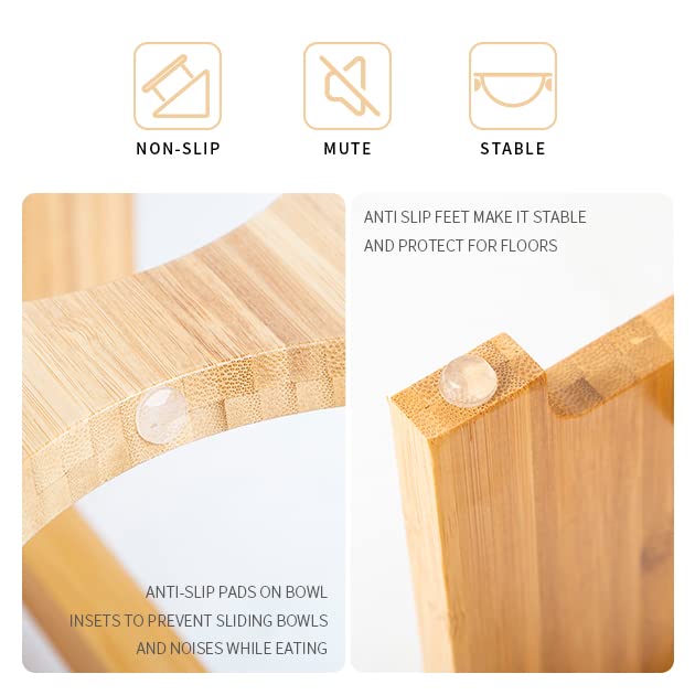 FOREYY Raised Pet Bowls for Cats and Small Dogs, Bamboo Elevated Dog Cat Food and Water Bowls Stand Feeder with 2 Stainless Stee