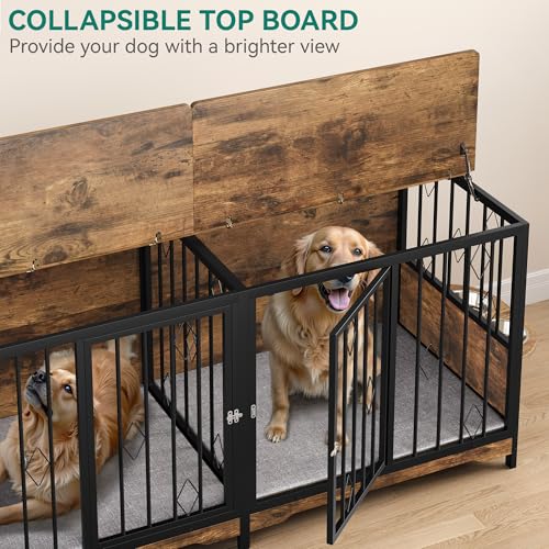 YITAHOME Large Wooden Dog Crate Furniture, 71" with Divider, Flip-Top, 4 Bowls, 2 Cushions, Brown, for Medium to Large Dogs