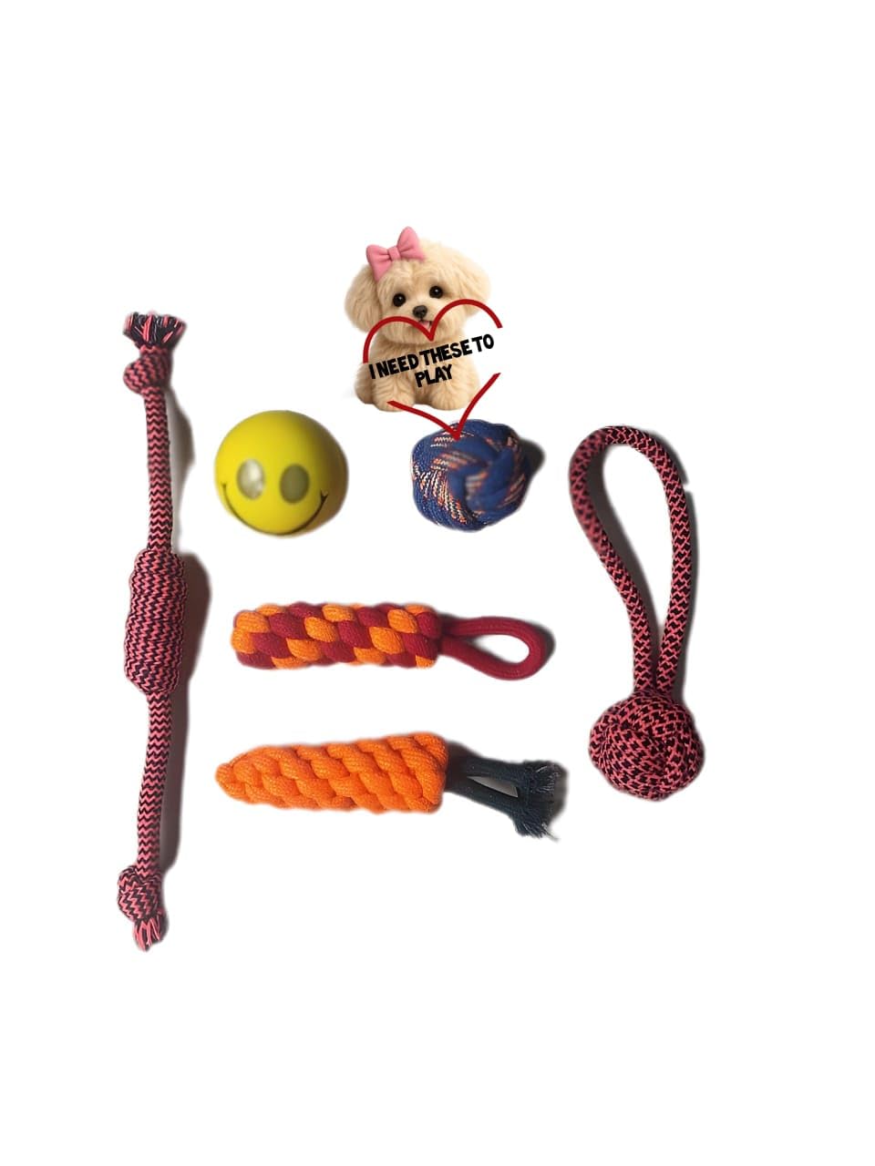 VRINDAVANI PRIMROSE Dog Toy Set, 6 Pieces with Rope Ball, Tennis Ball, Tug Toys, Chew Toys for Small to Medium Dogs