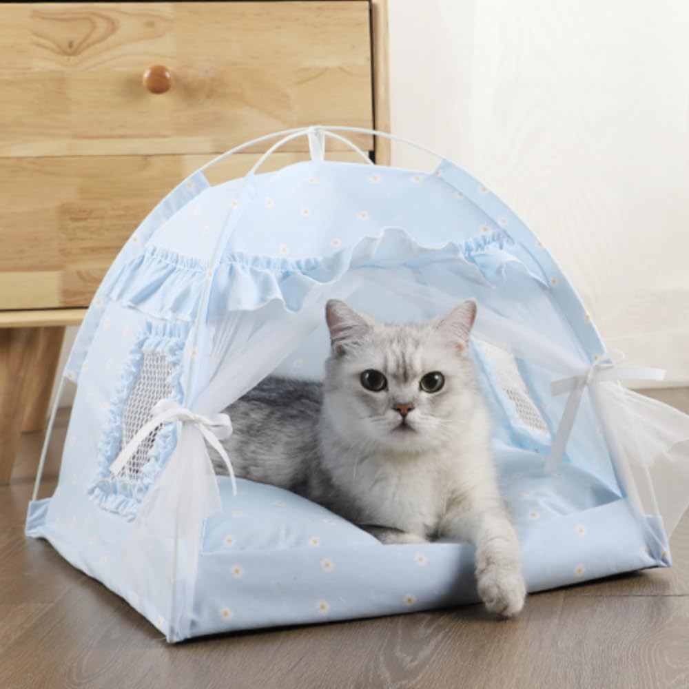 Cat Bed Tents Dog House Indoor Outdoor Lace Mesh Breathable Windows Door Curtains Removable Portable Nest Teepe House (Small,Blu