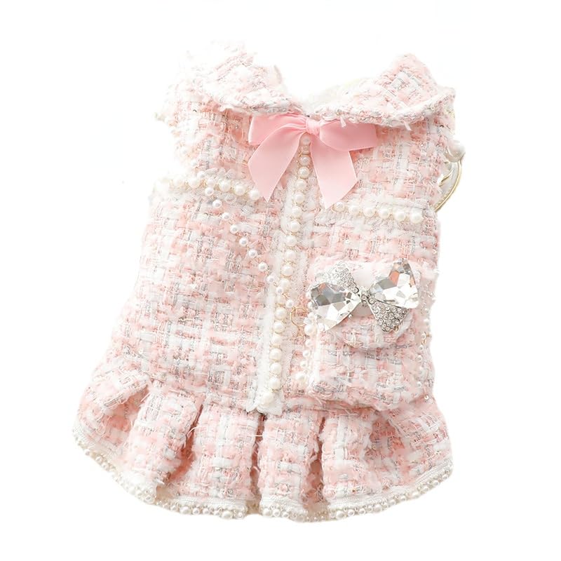 Dog Princess Dresses For Small Dogs Lolita Clothes Tweed Costume White Pet Girl Cute Coat Outfits Fall Costumes (S,Pink)