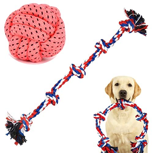 PSK PET MART Dog Toys for Aggressive Chewers  Large Breed, 5 Knots Indestructible Cotton Rope + Cotton Rope Ball Chew Toy for D