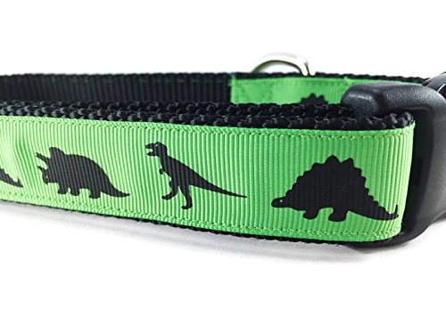 Dinosaur Dog Collar, Caninedesign, Green, T-Rex, Stegosaurus, Triceratops, 1 Inch Wide, Adjustable, Nylon, Medium And Large (Medium 13-19')