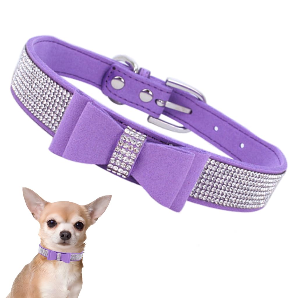 Rhinestone Dog Collar with Bow Tie, Cute Knot Crystal Bling Diamond Glitter Puppy Collars for XXS XS Small Medium Large Pet Girl