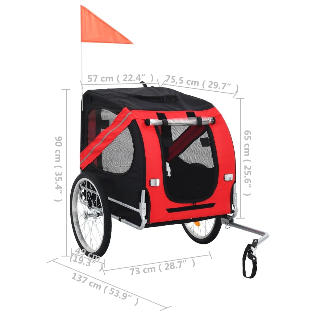 vidaXL Dog Bike Trailer in Red and Black - Water-Resistant Oxford Fabric Dog Bike Carrier with Reflectors and Quick-Release Hitch