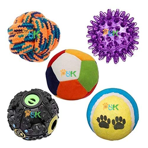Psk Pet Mart Puppy Ball 5 In 1 Combo  Rattle Ball | Tennis Ball | Squeaky Led Ball | Giggle Queak Treat Ball | Cotton Ball  Fo