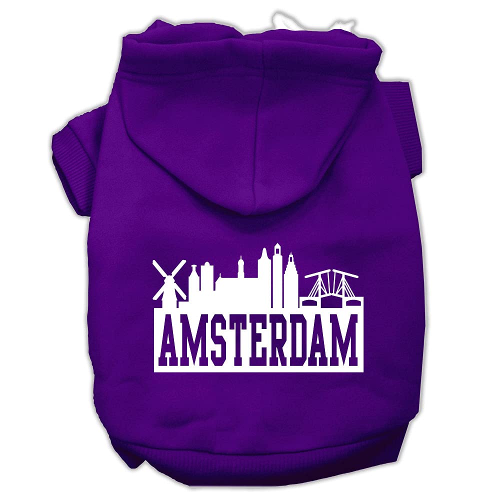 Pet, Dog & Cat Hoodie Screen Printed, &quot;Amsterdam Skyline&quot; Purple SM (3-6 lbs.)