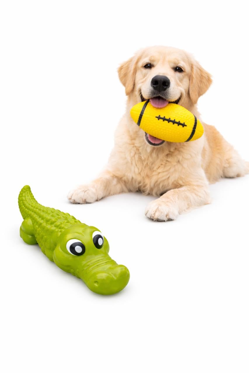 WAGGYTAILS Squeaky Premium Dog Toy Combo (Made in U.S.A) Crocodile & Rugby Ball Yellow | Chew Toys for Dogs | Durable Rubber, No