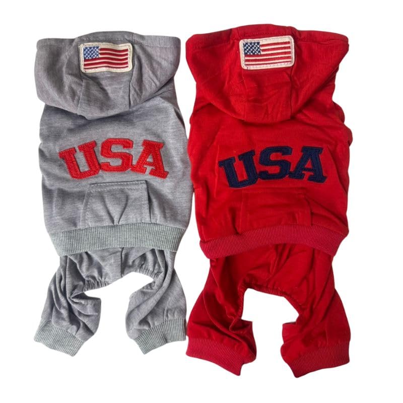 Dog Hoodie Jumpsuit, Athletic Style Pet Apparel, Grey With Red Logo, Casual Sports Outfit For Small Dogs?Thin Material? (Glay, L